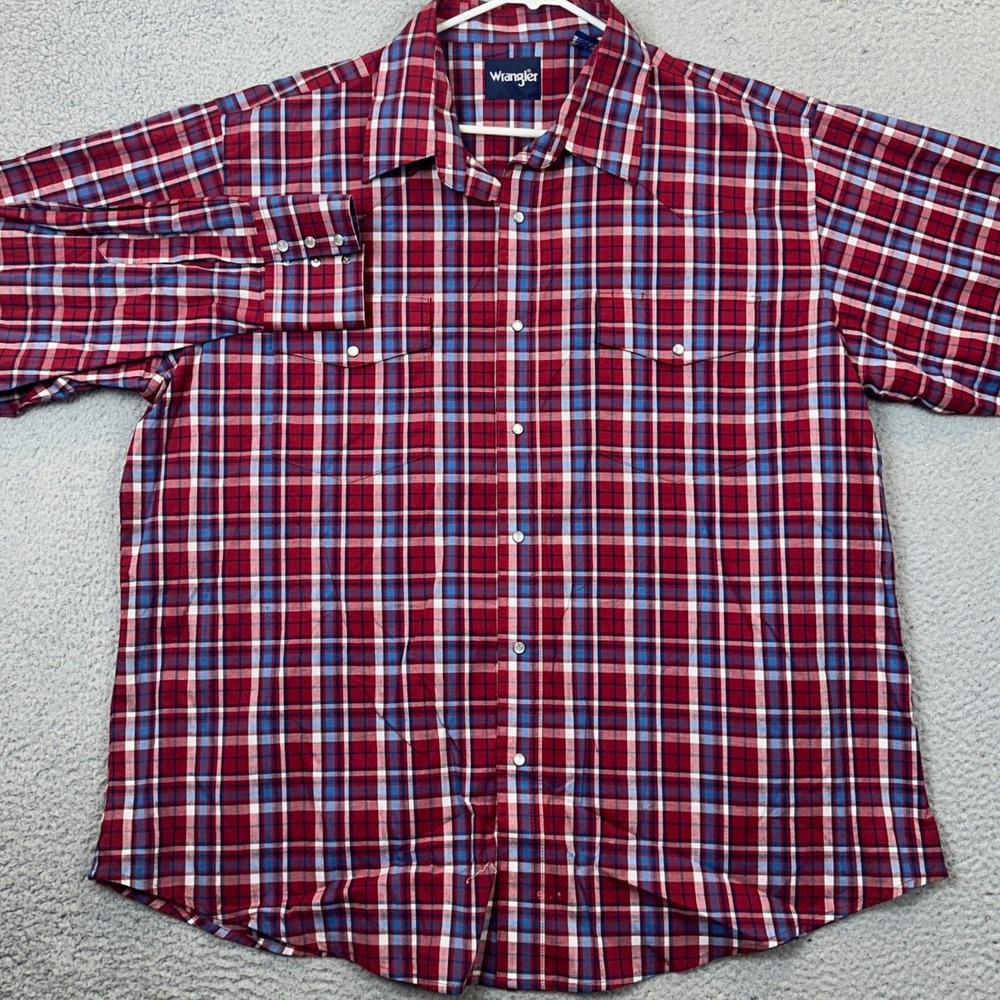 Wrangler Shirt Mens 2XL Western Red Blue Plaid Pearl Snap Flap Pocket Stretch
